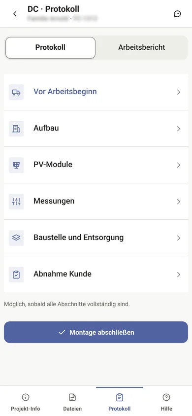 Protokoll einer DC-Montage am Handy mit den Kapiteln Vor Arbeitsbeginn, Aufbau, PV-Module, Messungen, Baustelle und Abnahme, Demo-Daten