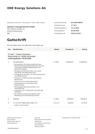 Beispielgutschrift von ONE als PDF mit Positionen für AC-Installation, Wallbox und Mehrmeter Kabel, Demo-Daten
