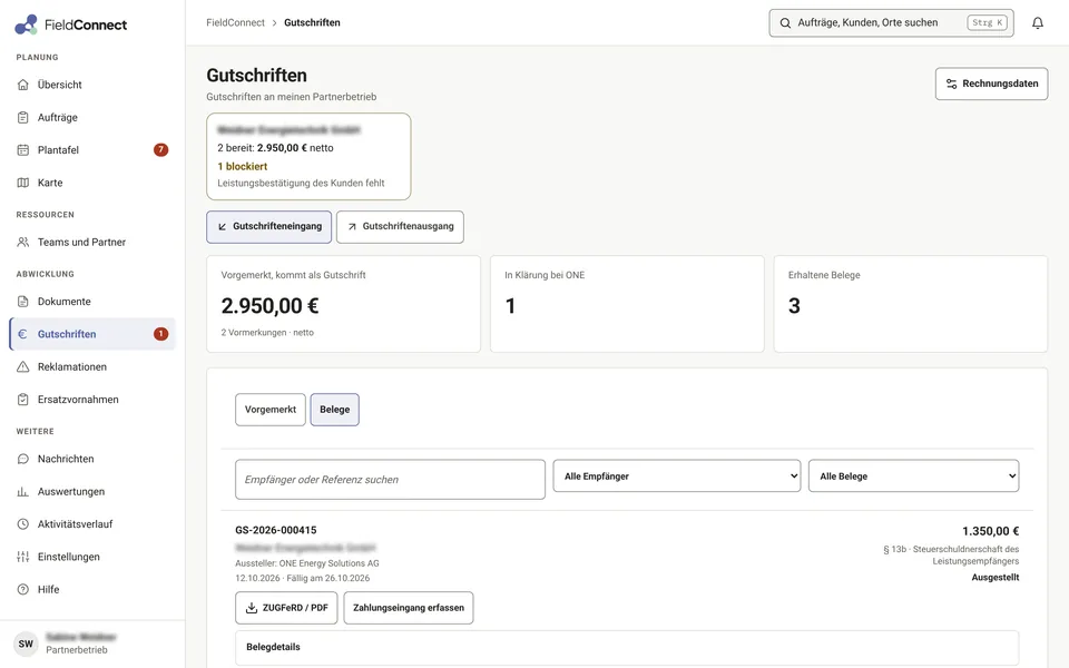 Reiter Gutschriften eines Partnerbetriebs mit vorgemerkten Leistungen, einem Fall in Klärung und drei erhaltenen Belegen, Demo-Daten