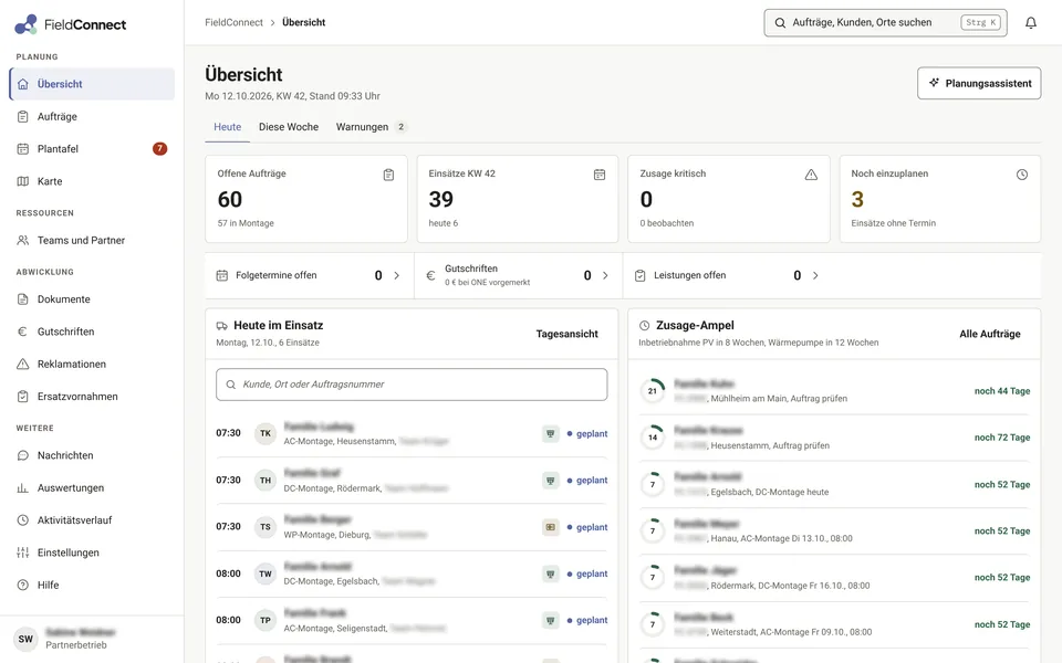 FieldConnect am Rechner: Übersicht eines Partnerbetriebs mit offenen Aufträgen, Einsätzen der Woche und Zusage-Ampel, Demo-Daten
